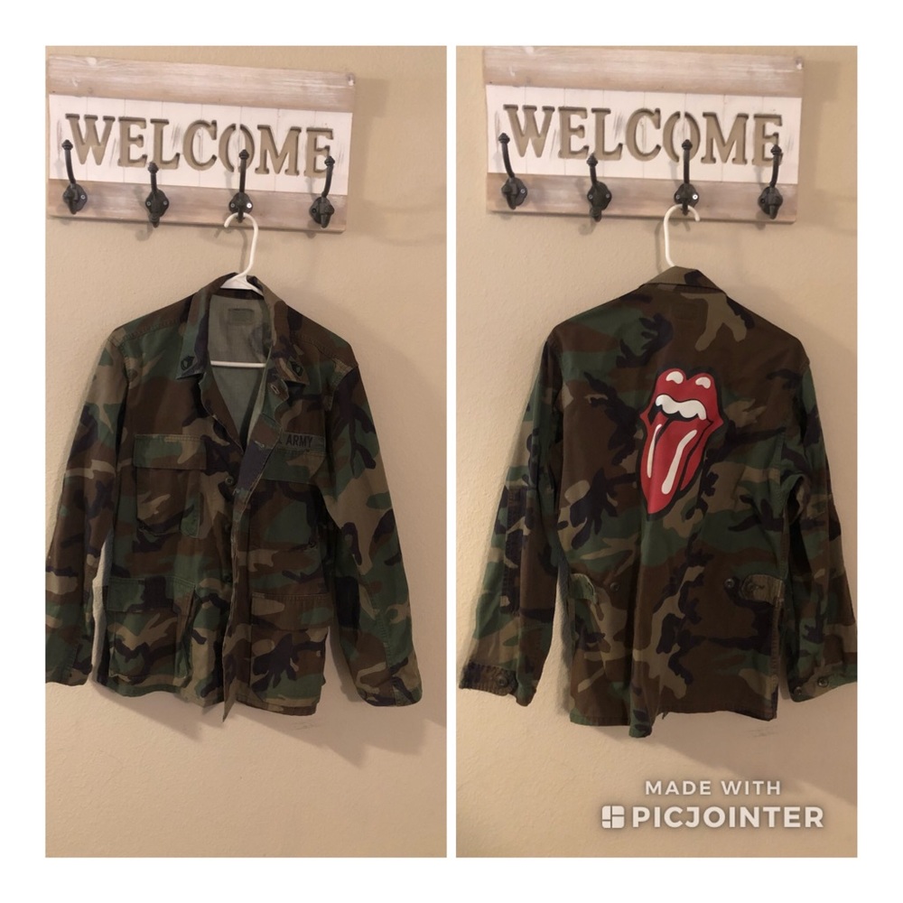 Super cute Army jacket with Rolling Stones logo.